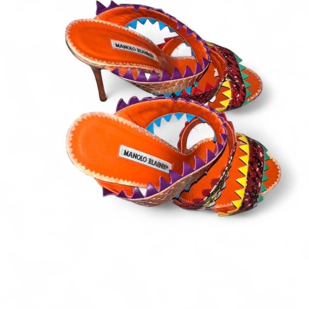 Manolo Blahnik 2018 Arpege Sharkbite Animal Print Color Block Mule Heels - Picture 3 of 5